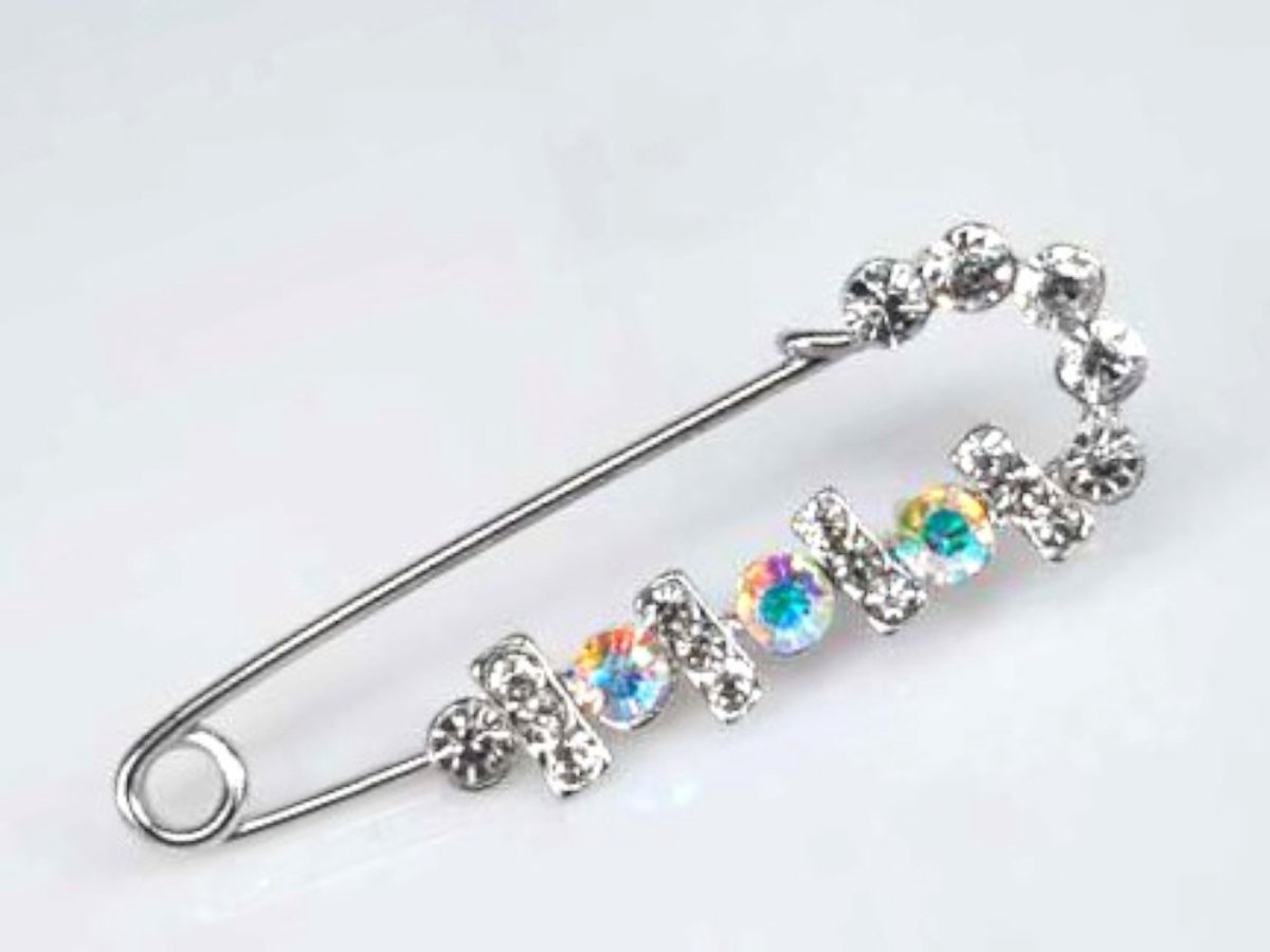 Broche - Speld - fonkelende strass steentjes - Zilverkleurig - Strass - langwerpig - L 6.5 cm / H 1.2 cm