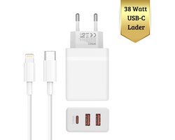 Oplader Geschikt voor iPhone Snellader 38W - Fast Charger Geschikt voor iPhone 14/13/12/11 Pro Max & iPad USB-C Adapter met Lightning Kabel – Snelle Oplader Inclusief Kabel (1M)