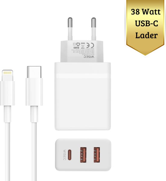 Oplader Geschikt voor iPhone Snellader 38W - Fast Charger Geschikt voor iPhone 14/13/12/11 Pro Max & iPad USB-C Adapter met Lightning Kabel – Snelle Oplader Inclusief Kabel (1M)