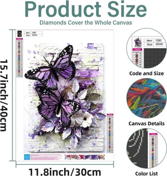 Peinture de diamants BOTC Adultes - Peinture de diamants Peinture de diamants Enfants - Pack complet - 30 x 40 cm - Papillon