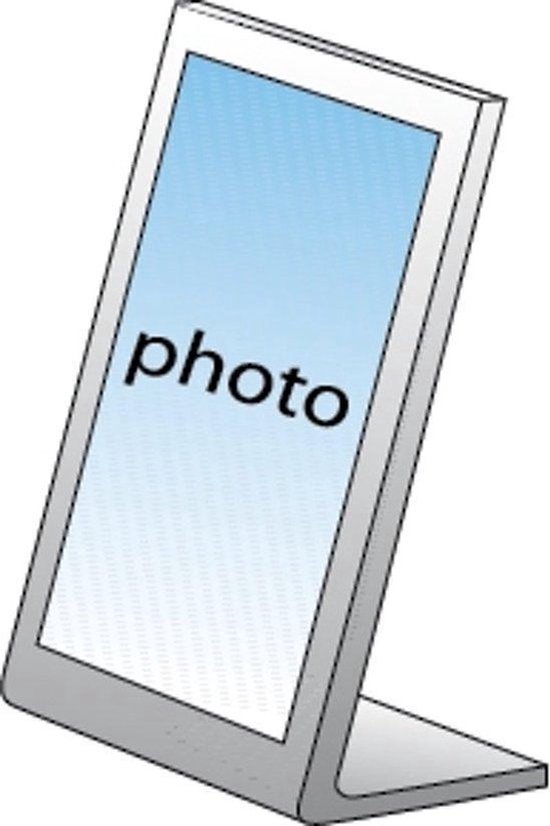 Doorzichtige fotolijst met zilveren rand, met een blauwe achtergrond en het woord 'photo'.