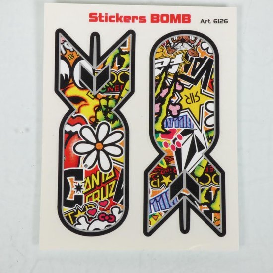Deux autocollants en forme de bombe, imprimés d'un collage coloré de stickers avec des textes comme "Stickers BOMB" et "SANTA CRUZ".