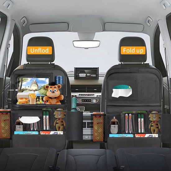 CaiTang Auto-organizer voor kinderen, achterbankbescherming met transparante zak, organizer met dienblad en tas voor telefoon/iPad (zwart