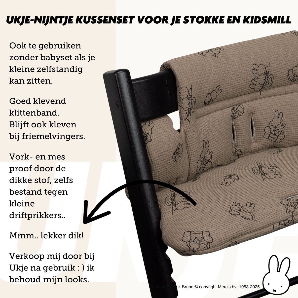 Stoelverkleiner TrippTrapp Ukje - Nijntje - Geschikt voor Stokke Tripp Trapp Kussenset - Kinderstoel Verkleiner Kussen - Perfecte Pasvorm - Oeko-Tex katoen - Taupe Nijntje wafelstof – foto 5