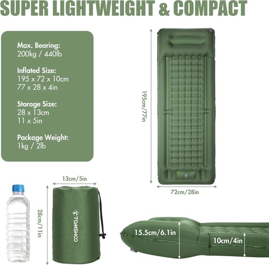 FIBILA Opblaasbare Slaapmat - Zelfopblazend Matras - Luchtbed - Opblaasbare Bed -Camping Mat - Reis Matras - Ingebouwde Pomp - Extra Dikke 4 Inch Dikte - Comfortabele Ondersteuning voor Backpacken en Kamperen - Waterbestendig en Compact - Blauw — afbeelding 4
