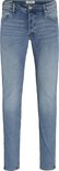 Lichtblauwe skinny jeans, van voren gezien, met ritssluiting en knoop.