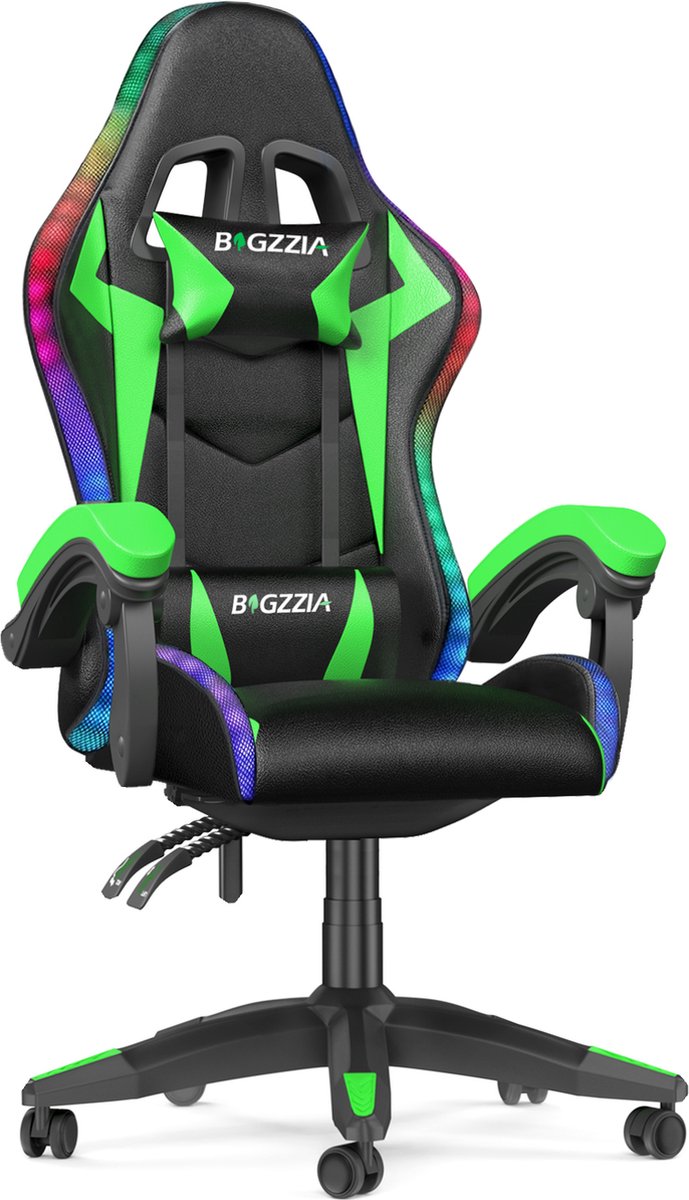 Gaming stoel met LED lichteffecten - Ergonomische Bureaustoel - Verstelbare rugleuning - LED Gaming stoel met lendensteun en hoofdsteun - Zwart en Groen - Gaming - €119,99