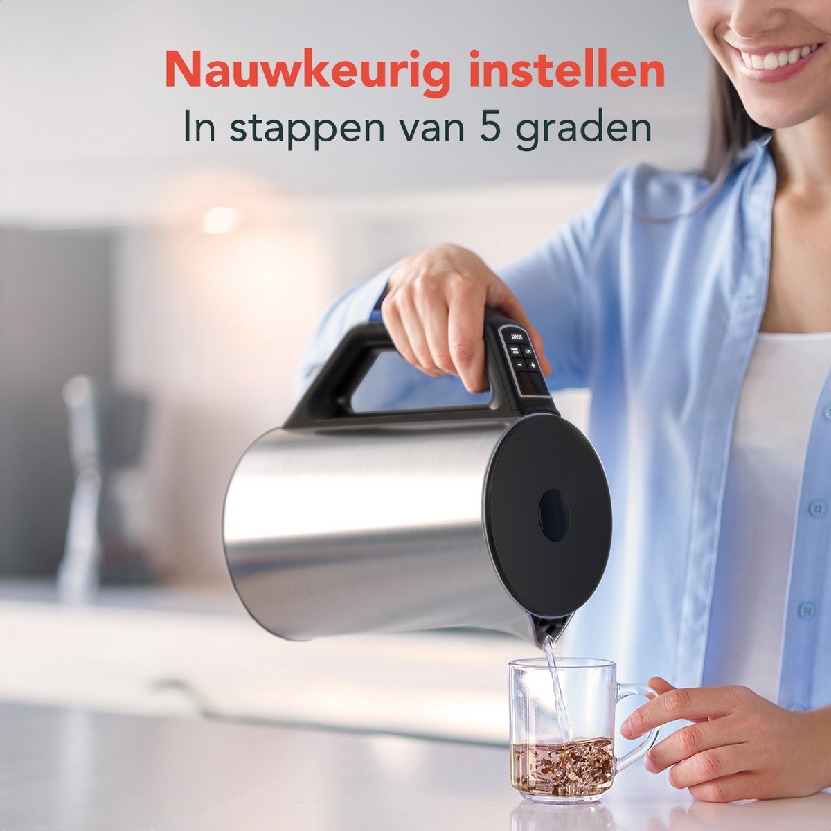 KitchenBrothers Waterkoker - Elektrisch - 1,5L - PFAS- & BPA-vrij - 2200W - Instelbare Temperatuurregeling - Dubbelwandig - Waterkoker RVS - Zilver – foto 4