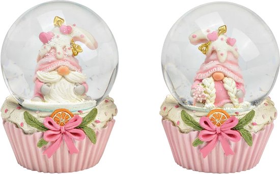 Wurm - Boule à neige - Gnome - Moustache et barbe ou tresses - Cupcake - Cupcake aux pieds - Cadeau de Noël - Noël - Décoration de Noël - 6x7x9cm - Polyrésine/verre - 2 assortis