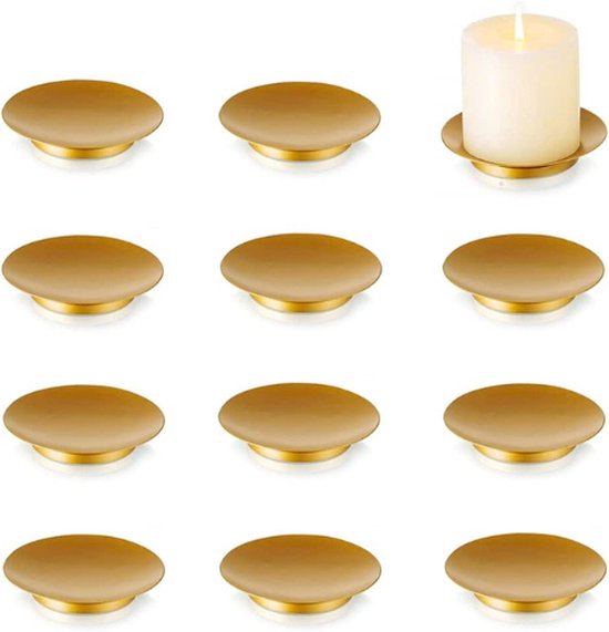 Kaars Plaat Houder Kaars Tray - 11cm Ronde Ijzeren Plaat Gouden Kaarsenhouders voor Pijler Kaarsen - Set van 12 Voetstuk Kaars Stand - Kerst Kaars Schotel voor LED & Wax Kaarsen Halloween Home