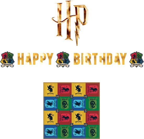 Harry Potter House - Letterslinger Happy Birthday - 180 x 13 cm + Harry Potter House servetten (16 stuks) Verjaardag- Feest- Party