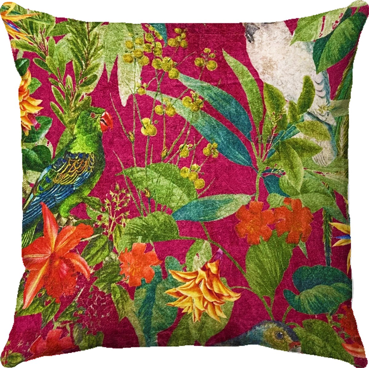 by Mooss - Sierkussen 50 x 50 cm - Velours - Tropisch Bloemen Vogels - Donker roze - Inclusief binnenkussen