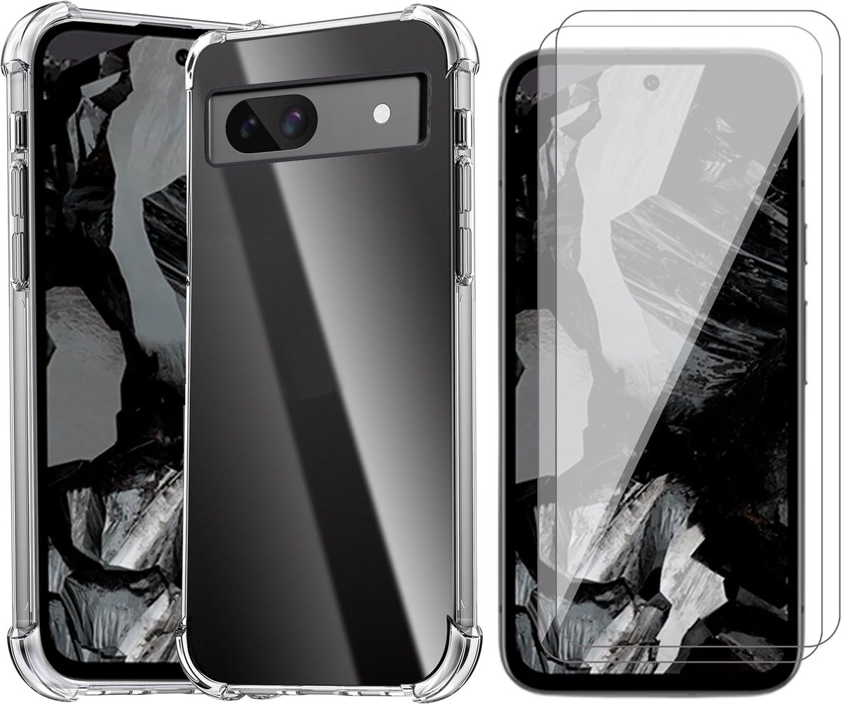 Hoesje geschikt voor Google Pixel 8a - 2x Screenprotector Glas - Shockproof Transparant