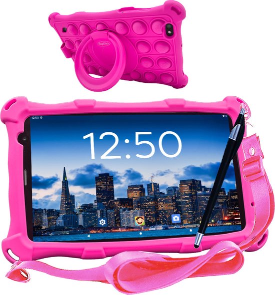 AngelTech Kindertablet PRO MAX - 4+3GB RAM - 64+64 GB - Snelle 8 Inch Kindertablet - Vanaf 3 Jaar - Perfect Voor School - Ouderlijk Toezicht - Ook Voor Volwassenen - 360° Fidgy Beschermhoes - Roze