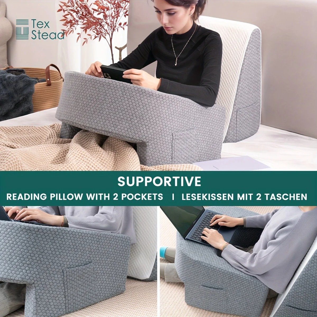 Schootkussen, leeskussen met zijvak, ergonomisch kussen voor Schootkussen, leeskussen met zijvak, ergonomisch kussen voor