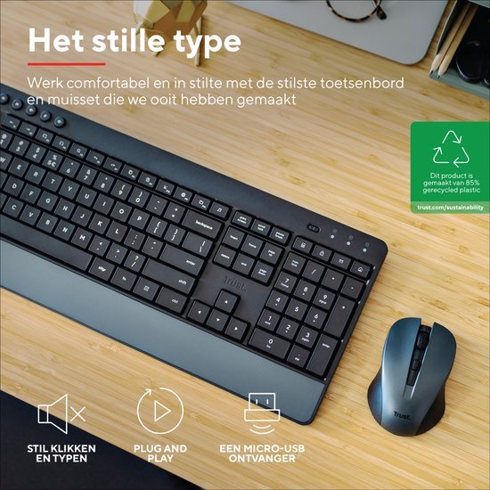 Trust Trezo - Draadloze Toetsenbord en Muis set - Met polssteun - Vlakke toetsen - Qwerty US - Zwart