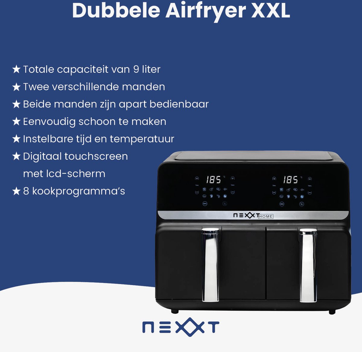Afbeelding 2 van Nexxt Digitale Dubbele Airfryer XXL - Heteluchtfriteuse met Touchscreen – Inhoud 5,5 + 3,5 Liter – 8 Kookprogramma's - Zwart