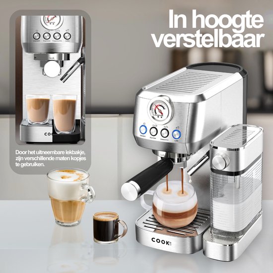 Zilverkleurige COOK espressomachine met verstelbare hoogte, die espresso, cappuccino en latte maakt.