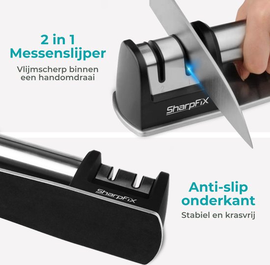 SharpFix Aiguiseur de couteaux 2-en-1 Core - Aiguiseur de couteaux antidérapant - Aiguiseur à tirage - Fusil d'aiguisage - Acier inoxydable
