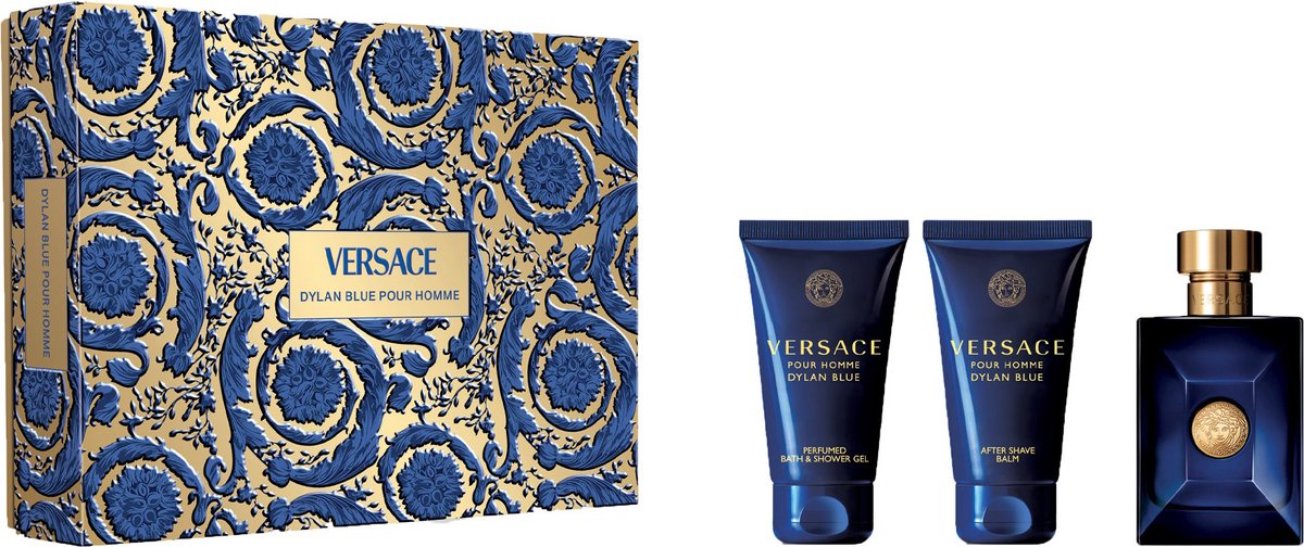 Goedkoopste Versace Dylan Blue Giftset - 50 ml eau de toilette spray 50 ml showergel 50 ml aftershave balm - cadeauset voor heren