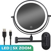Make Up Spiegel met Led Verlichting - 5X Vergroting - Wandspiegel Rond - Scheerspiegel Wandmodel - Badkamer - Douche - Zwart