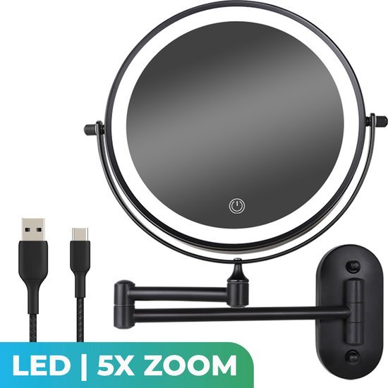Mirlux Make Up Spiegel met Led Verlichting - Oplaadbaar - 5X Vergroting - Vergrootspiegel met Licht - Scheerspiegel - Badkamerspiegel - Zwart