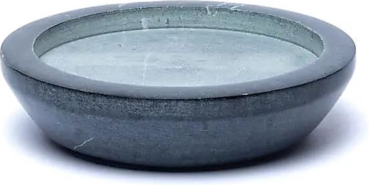 Schaaltje van speksteen, rond, grijs, 9,5 cm in doorsnede