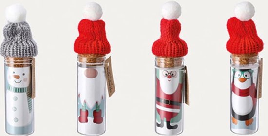 Kerst | 4 geldbuisjes van glas | kurk met gebreid mutsje | 4 kerst figuren | geld kado |