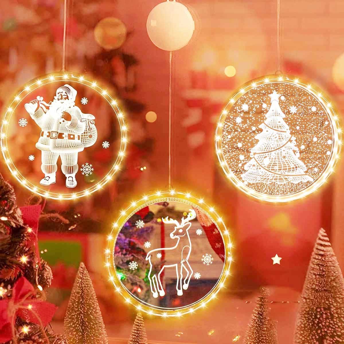 Meedeer LED kerstverlichting-(3 Leds decoratieve raamverlichting voor Kerstmis (16CM)-hangende raamlamp met haak-kerstverlichting-voor kamer-tuin-balkon-Kerstmis-binnendecoratie (kerstboom/Kerstman/Rendier)