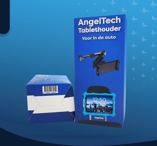 Verpakking van AngelTech tablethouder met blauwe tablet erop.