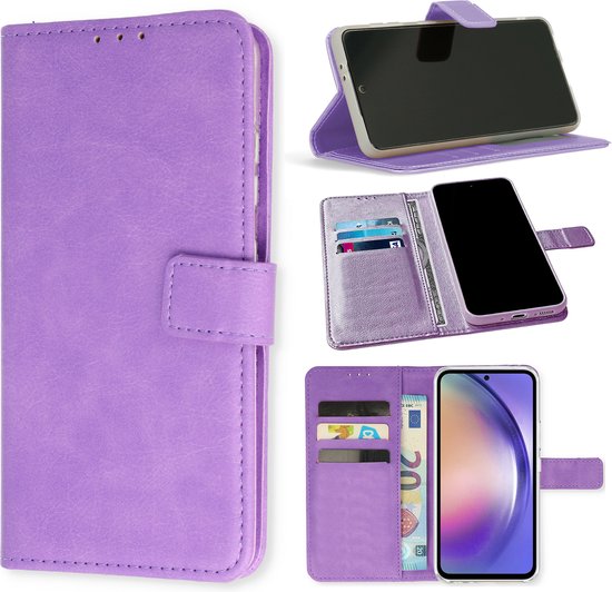 Collage van paarse telefoonhoesjes in portemonnee-stijl, gesloten, open met telefoon en kaarthouders, en een telefoon met kaarthouders en bankbiljet.