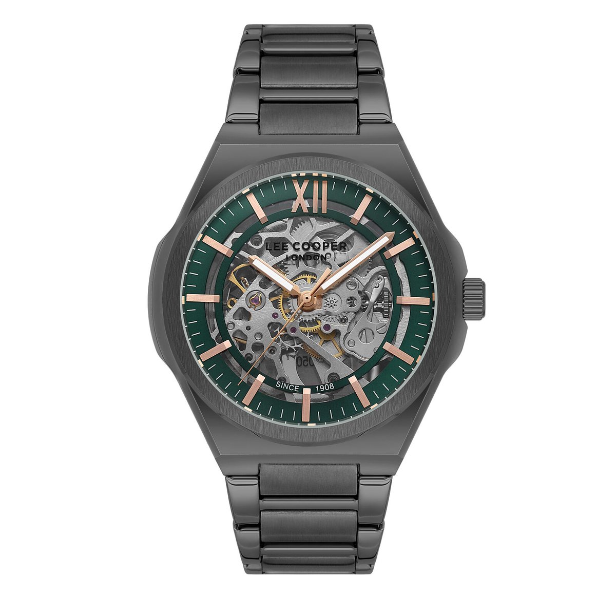 Lee Cooper LC08051.070 - Horloge - Polshorloge - Analoog - Automatisch - Mannen - Heren - stalen band - Overig (vorm) - Metaal - Skeleton - Strepen - Romeinse Cijfer - GUN (Zwart + Grijs) - Groen - Rosékleurig
