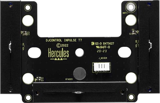 Zwarte printplaat met Hercules logo, typeaanduiding 'DJCONTROL INPULSE T7' en XFADER markering.