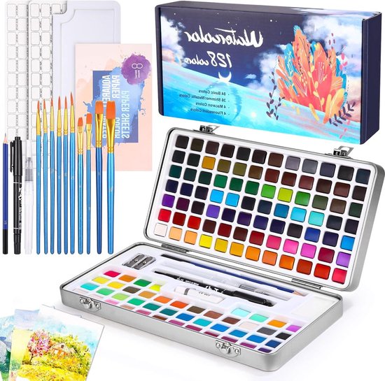 Aquarelverfset - 128 kleuren - draagbare doos - penseel - aquarelpapier - reizen - waterverf - kunstenaars - hobbyschilders - schilderliefhebbers .