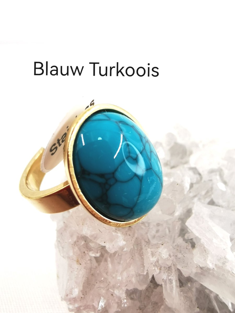 Ring met edelsteen - Turkoois - ovaal - Goudkleurig - RVS - maat 20 - Edelsteen ringen zijn niet alleen prachtige sieraden, maar ook dragers van diepe betekenis en symboliek.