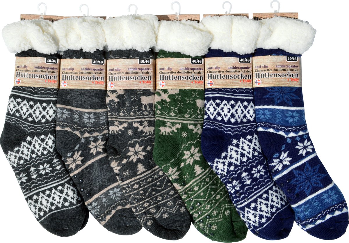Kerstsokken - maat 40-46 huissokken - Extra Warm en zacht - Anti-Slip - Huttensocken met print - kaki