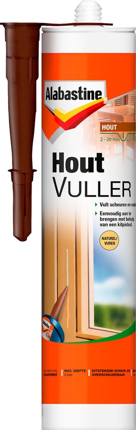 Alabastine Houtvuller tube in wit met bruine dop, met afbeelding van een raamkozijn.