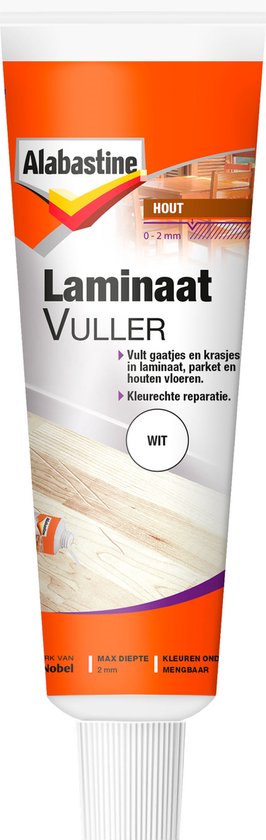 Alabastine laminaatvuller tube met oranje dop. Witte kleur. Vult gaatjes en krasjes. Hout, 0-2 mm.
