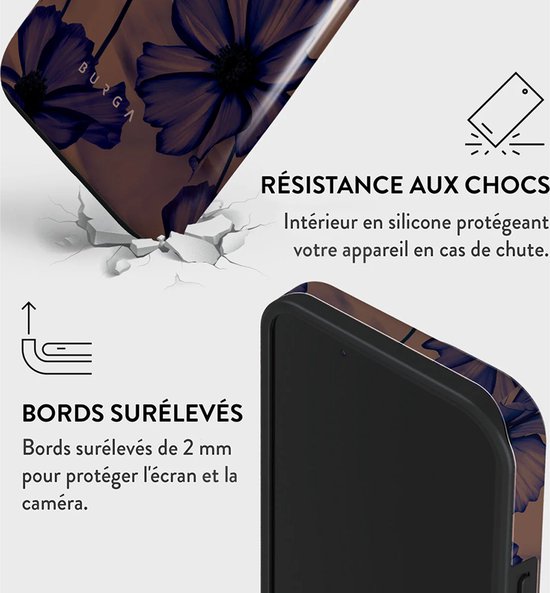 Bruin hoesje met donkerblauwe bloemenprint en schokabsorberende randen.