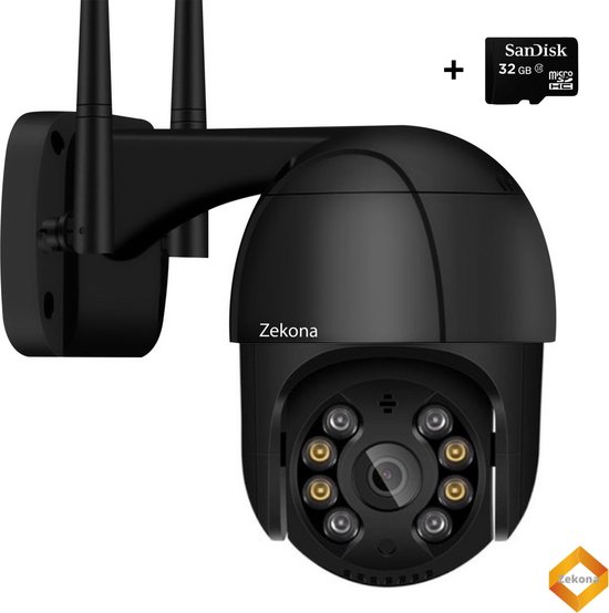 Zekona 20C Zwart - Full HD Beveiligingscamera - IP Camera Beveiliging - Outdoor Beveiliging - Bewakingscamera voor Binnen & Buiten - Buiten Camera met Nachtzicht - Indoor Camera met Meeluister Functie - WiFi 4x Digitale Zoom + 32 GB SD Kaart