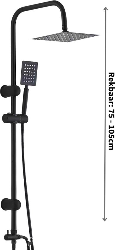 Livista® - Douche Set - Regendouche en Handdouche - Verstelbare Hoogte 75-105 cm - Vierkant Design - Zwart - Duurzame Messing Omsteller voor Badkamer