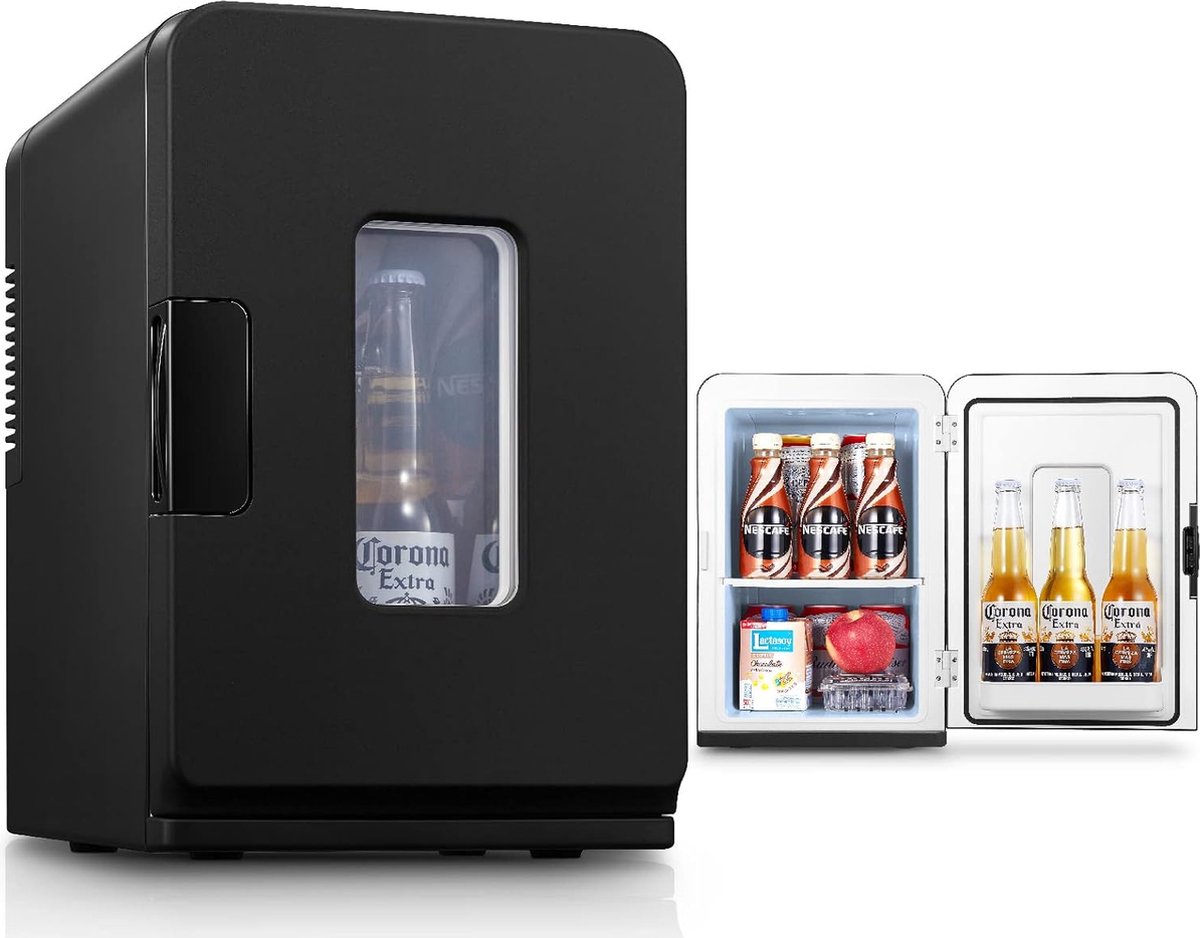 ShopHaven Mini Koelkast 15L Draagbare Koeler en Verwarming 21 Blikjes Capaciteit AC + DC 12V Stille Modus Compacte Cosmetica Koeler Zwart