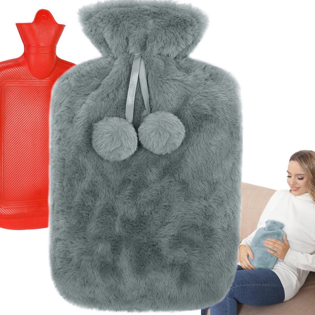 Goedkoopste ValeDelucs Warm Water Kruik - Warmtekussen Buikverwarmer - Rugverwarmer Warmwaterkruik Kruik voor in Bed - Pluche Hoes - Grijs