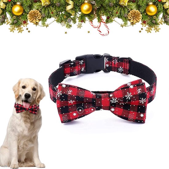 Foto: Kerst hondenstrik feestelijke vlinderdas strikje hond halsband met strik hondenhalsband rood geruite bowtie verstelbare halslijn hondenartikelen honden kleding dogwear kerstmis cadeau maat l