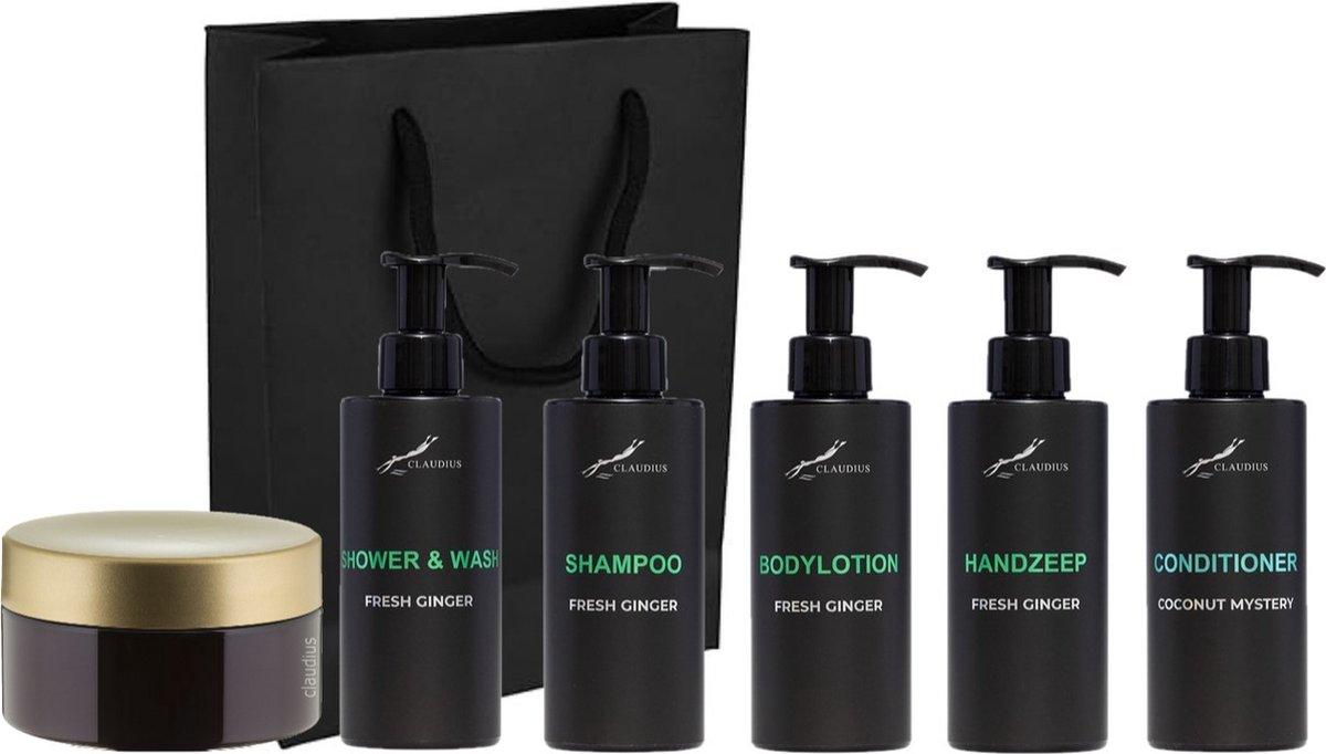 Goedkoopste Compleet pakket Fresh Ginger - Shower & Wash Shampoo Bodylotion Handzeep Coconut conditioner Scrubzout 300 gram - 300 ml per fles - complete set van 6 stuks - met luxe gift tas - kerst cadeau - giftset voor hem en haar