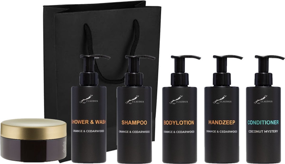 Goedkoopste Compleet pakket Sweet Orange & Cedarwood - Shower & Wash Shampoo Bodylotion Handzeep Coconut conditioner Scrubzout 300 gram - 300 ml per fles - complete set van 6 stuks - met luxe gift tas - kerst cadeau - giftset voor hem en haar