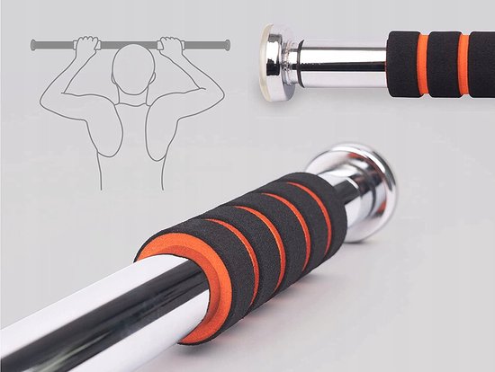 Pull-up bar met chromen afwerking, zwarte handvatten met oranje strepen. Schematische tekening van schouders en rug.