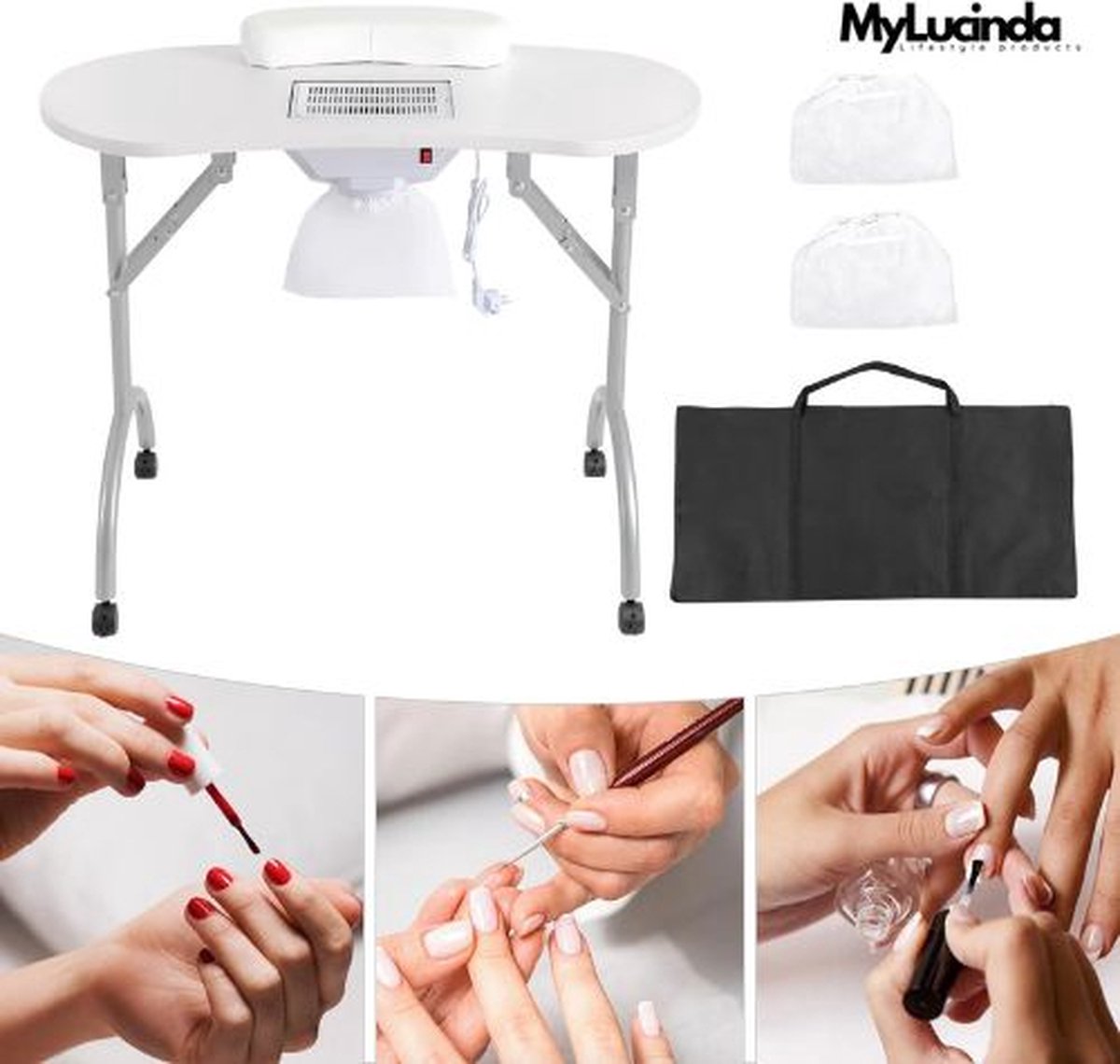 Mylucinda® - Opvouwbare Nageltafel met Wielen – Multifunctionele Manicuretafel – MDF Tafelblad – Inclusief Stofafzuigzakken en Polskussen – Thuis of Professionele Nagelstudio's – Wit
