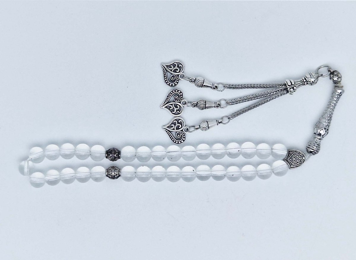Handgemaakte tesbih klassiek - "Tasbih" natuursteen "Bergkristal" - Aantal kralen 33 - Diameter kralen 8 MM - met metaal tassel "Harten" - Een mooi cadeau-idee