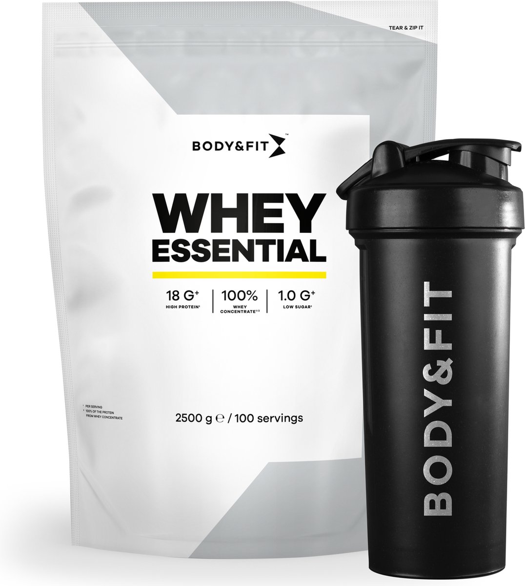 Goedkoopste Body & Fit Whey Essential Aardbei 2500 gram - Whey Protein - Proteine poeder Essential Shaker 700 ml